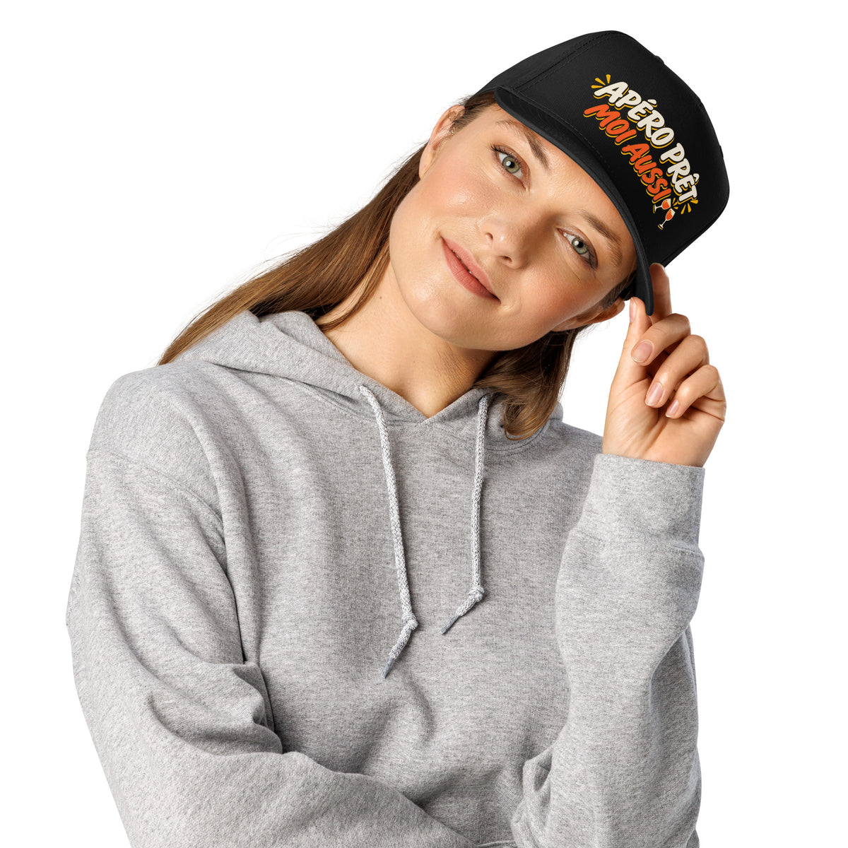 Casquette Snapback, brodée « Apéro prêt, moi aussi », en Noir, vue de face, image 2