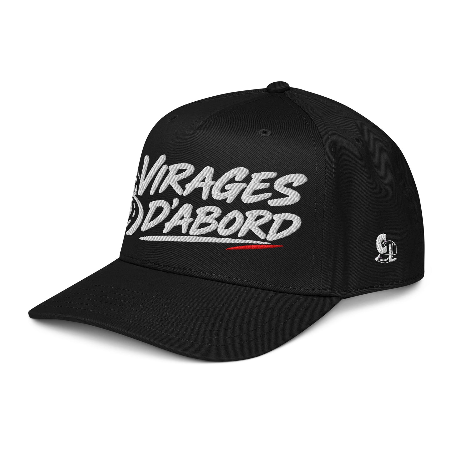 Casquette Snapback, brodée « Virages d'abord », en Noir, vue de trois quarts