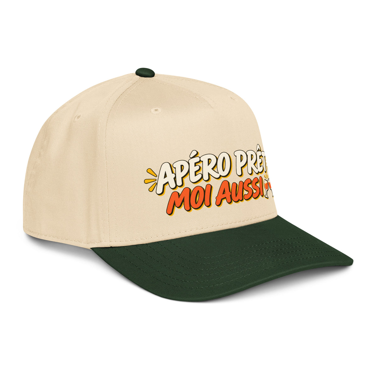 Casquette Snapback, brodée « Apéro prêt, moi aussi », en Dark Green/Natural, vue de trois quarts, image 30