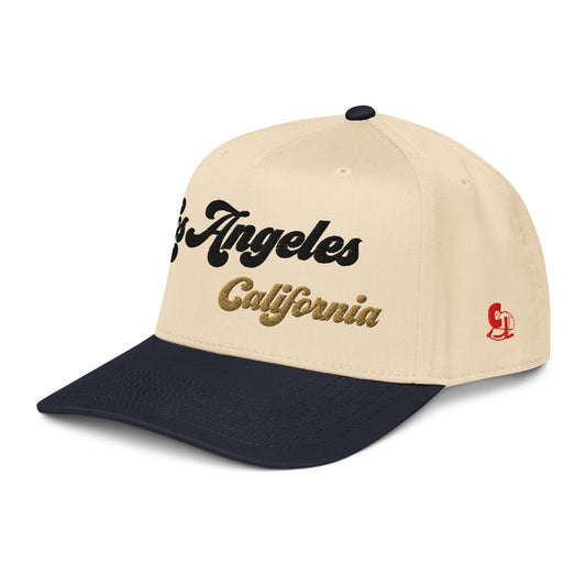 Casquette Snapback, brodée « Los Angeles California », en Navy/Natural, vue de trois quarts