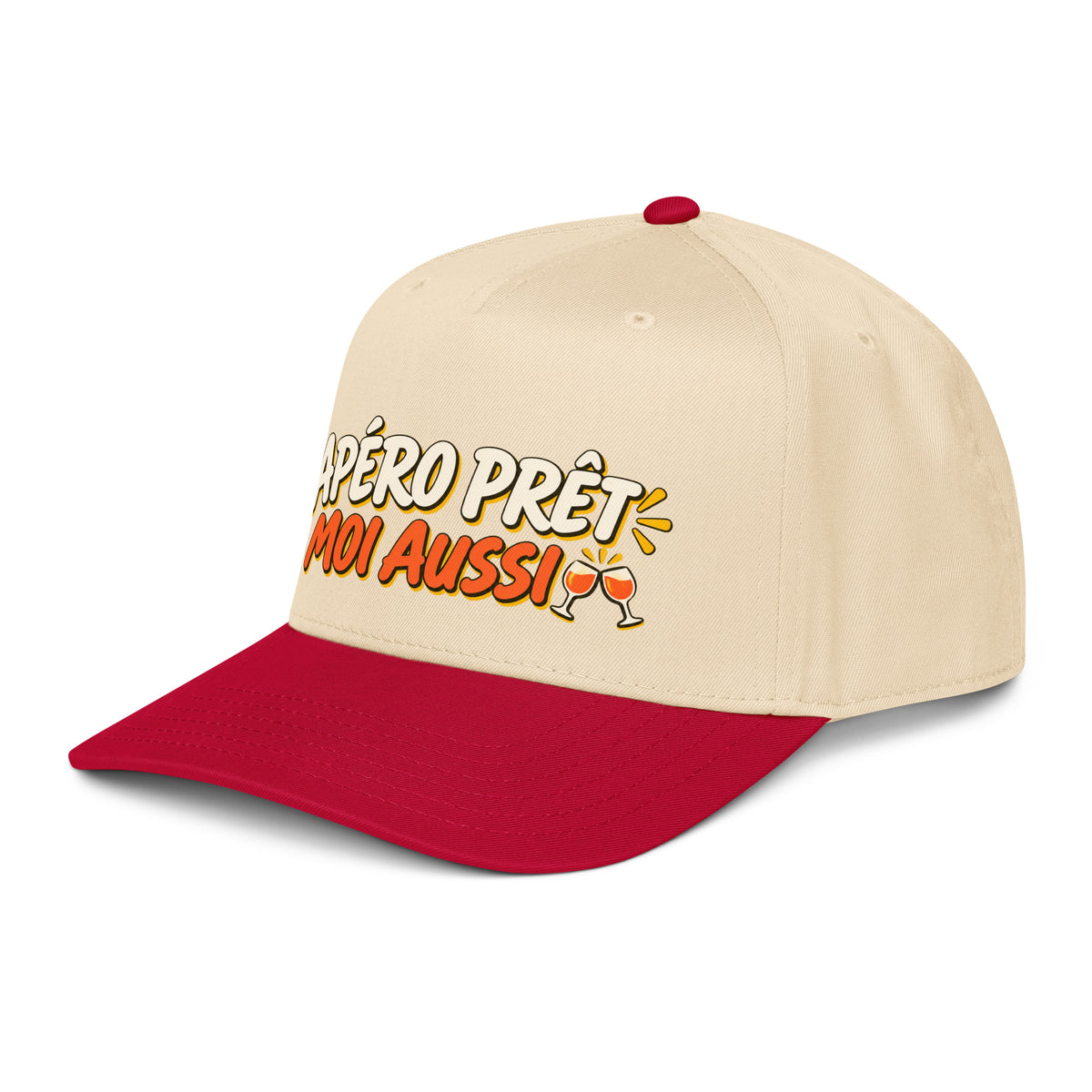 Casquette Snapback, brodée « Apéro prêt, moi aussi », en Red/Natural, vue de trois quarts