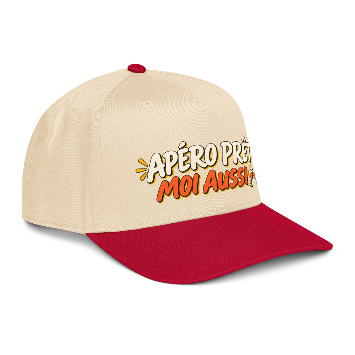 Casquette Snapback, brodée « Apéro prêt, moi aussi », en Red/Natural, vue de trois quarts, image 22
