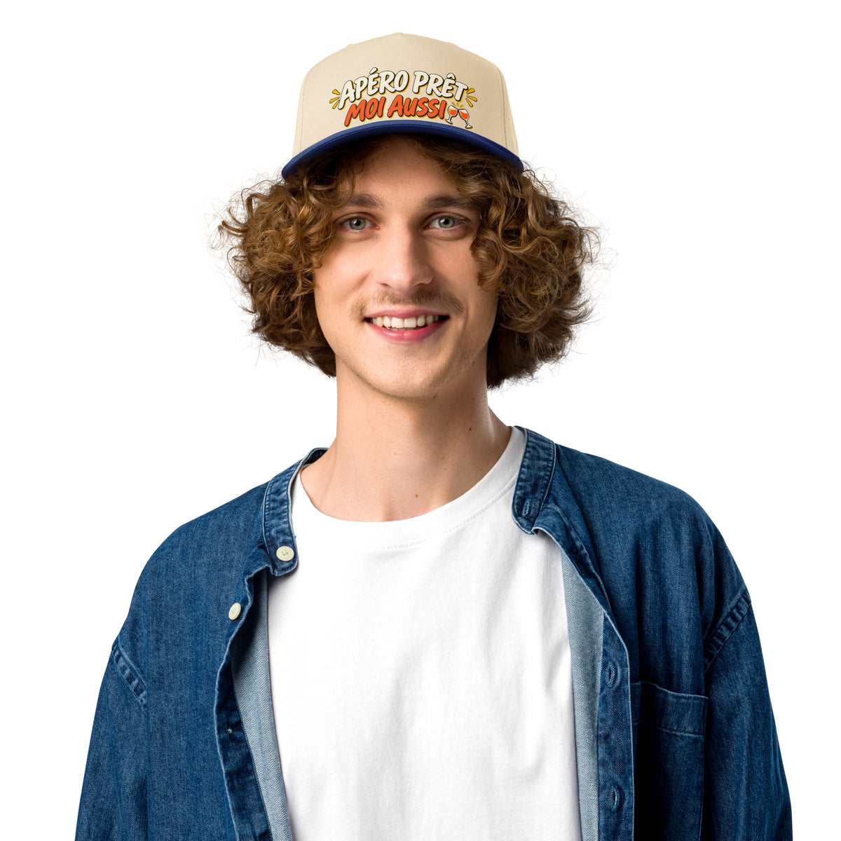 Casquette Snapback, brodée « Apéro prêt, moi aussi », en Royal/Natural, vue de face, image 10