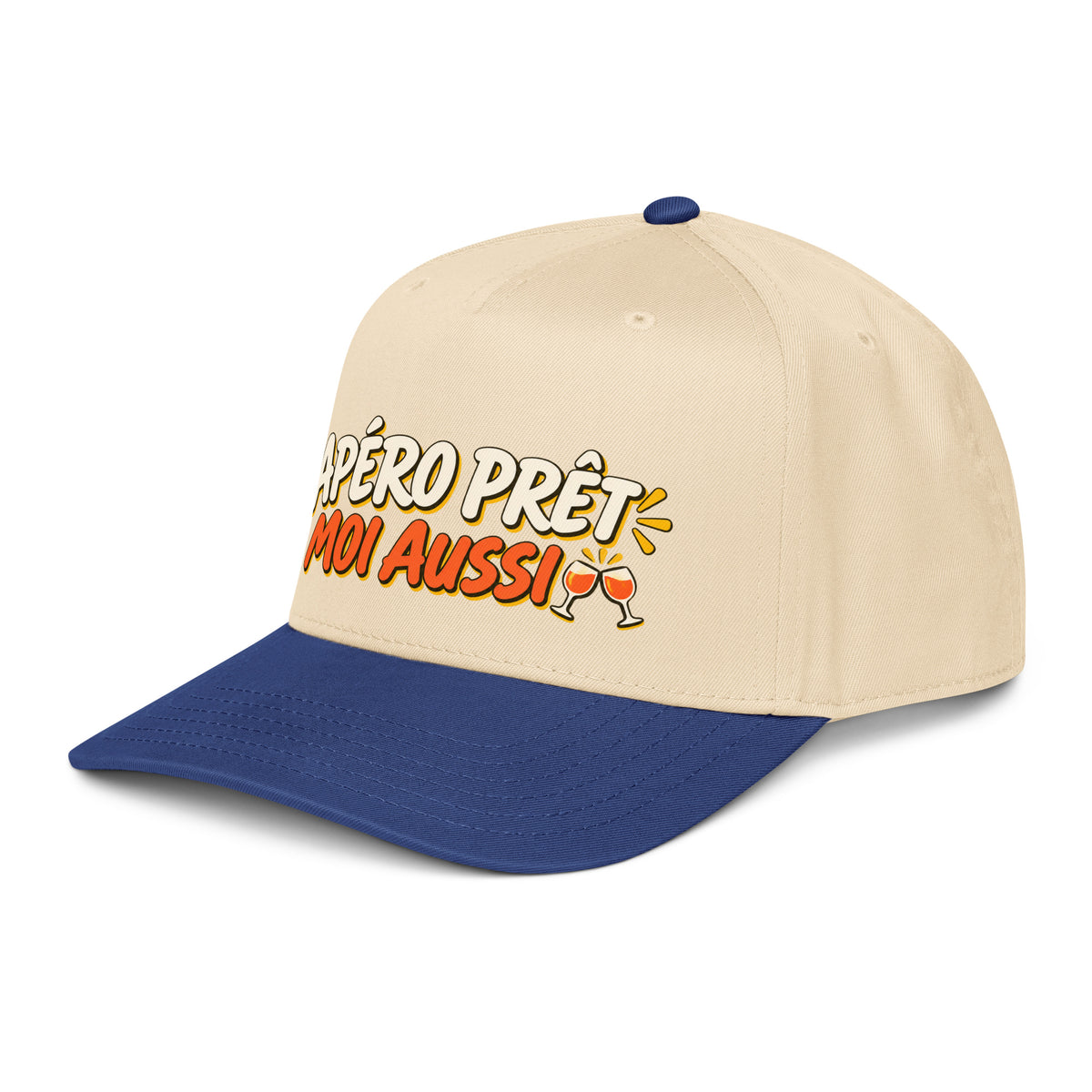 Casquette Snapback, brodée « Apéro prêt, moi aussi », en Royal/Natural, vue de trois quarts, image 33