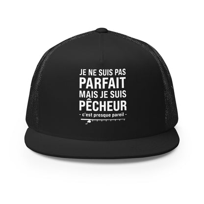 Casquette Trucker, brodée « Je ne suis pas parfait mais je suis pêcheur, c'est presque pareil », en Noir, vue de face, image 7