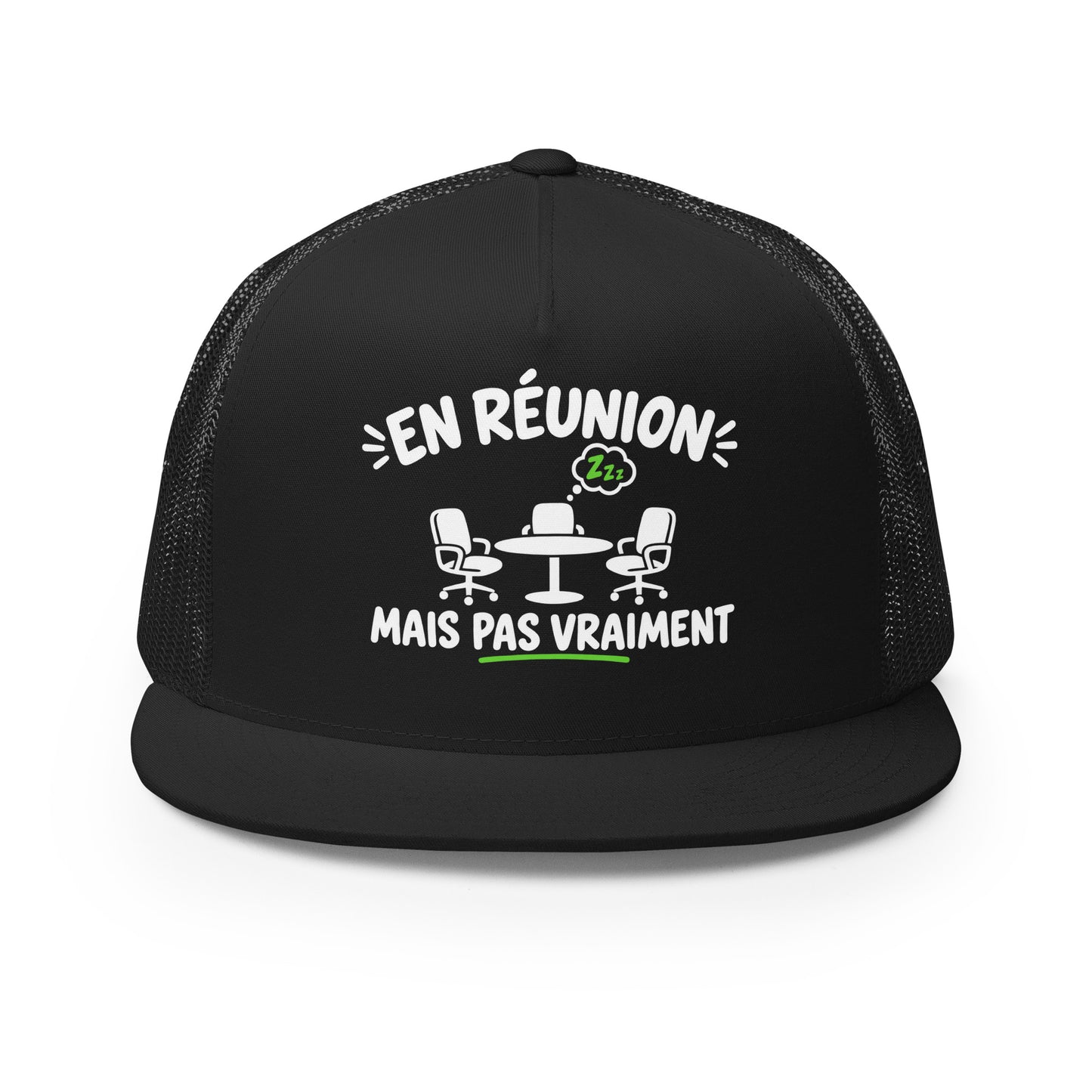 Casquette Trucker, brodée « En réunion mais pas vraiment », en Noir, vue de face, image 4