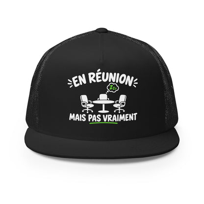 Casquette Trucker, brodée « En réunion mais pas vraiment », en Noir, vue de face, image 4