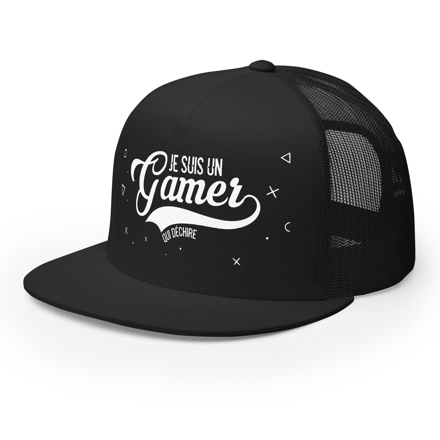 Casquette Trucker, brodée « Je suis un gamer qui déchire », en Noir, vue de trois quarts, image 11