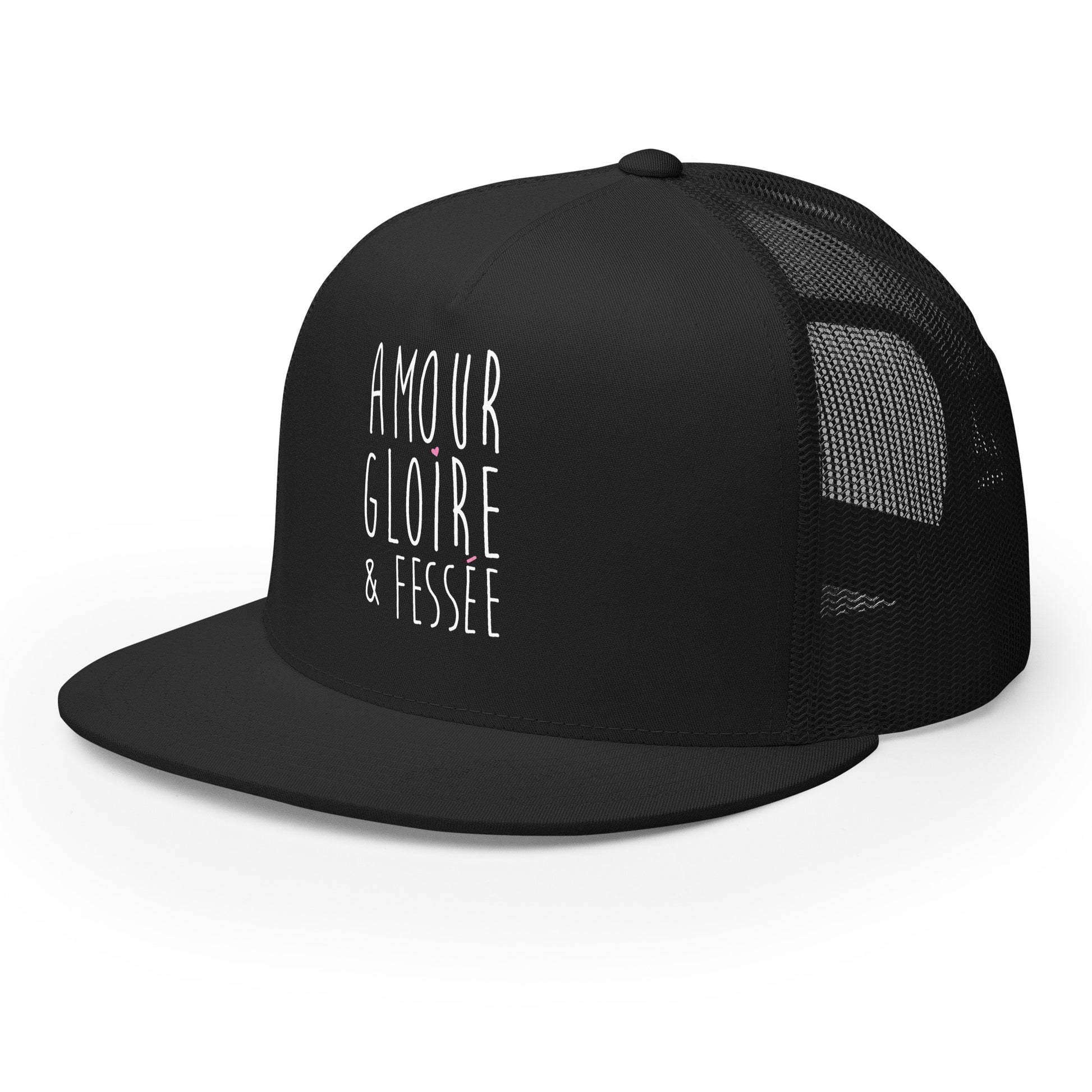Casquette Trucker, brodée « Amour, Gloire & Fessée », en Noir, vue de trois quarts, image 11