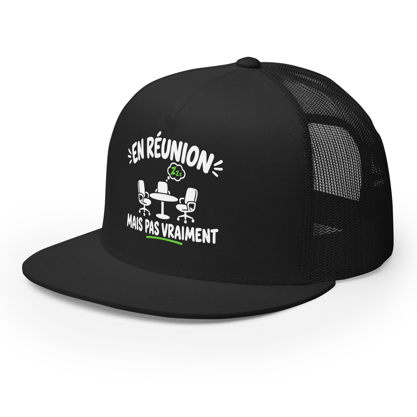 Casquette Trucker, brodée « En réunion mais pas vraiment », en Noir, vue de trois quarts, image 18