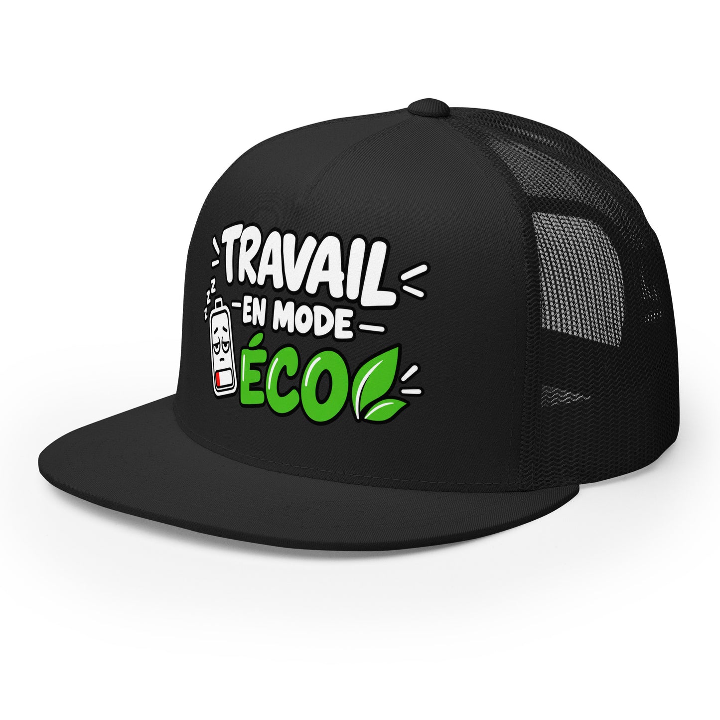 Casquette Trucker, brodée « travail en mode éco », en Noir, vue de trois quarts, image 19