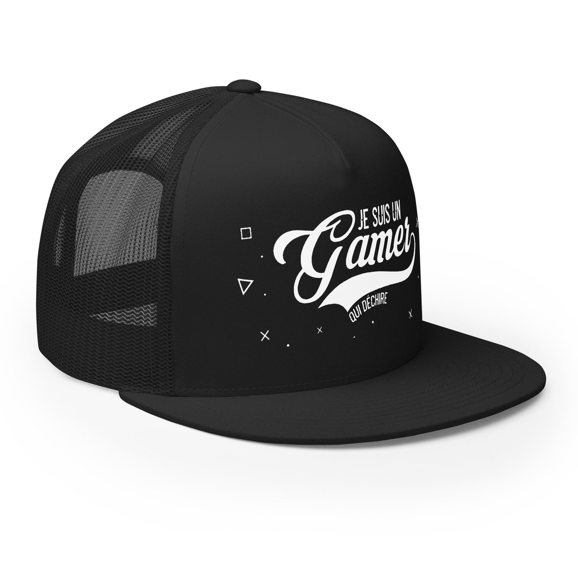 Casquette Trucker, brodée « Je suis un gamer qui déchire », en Noir, vue de trois quarts, image 13