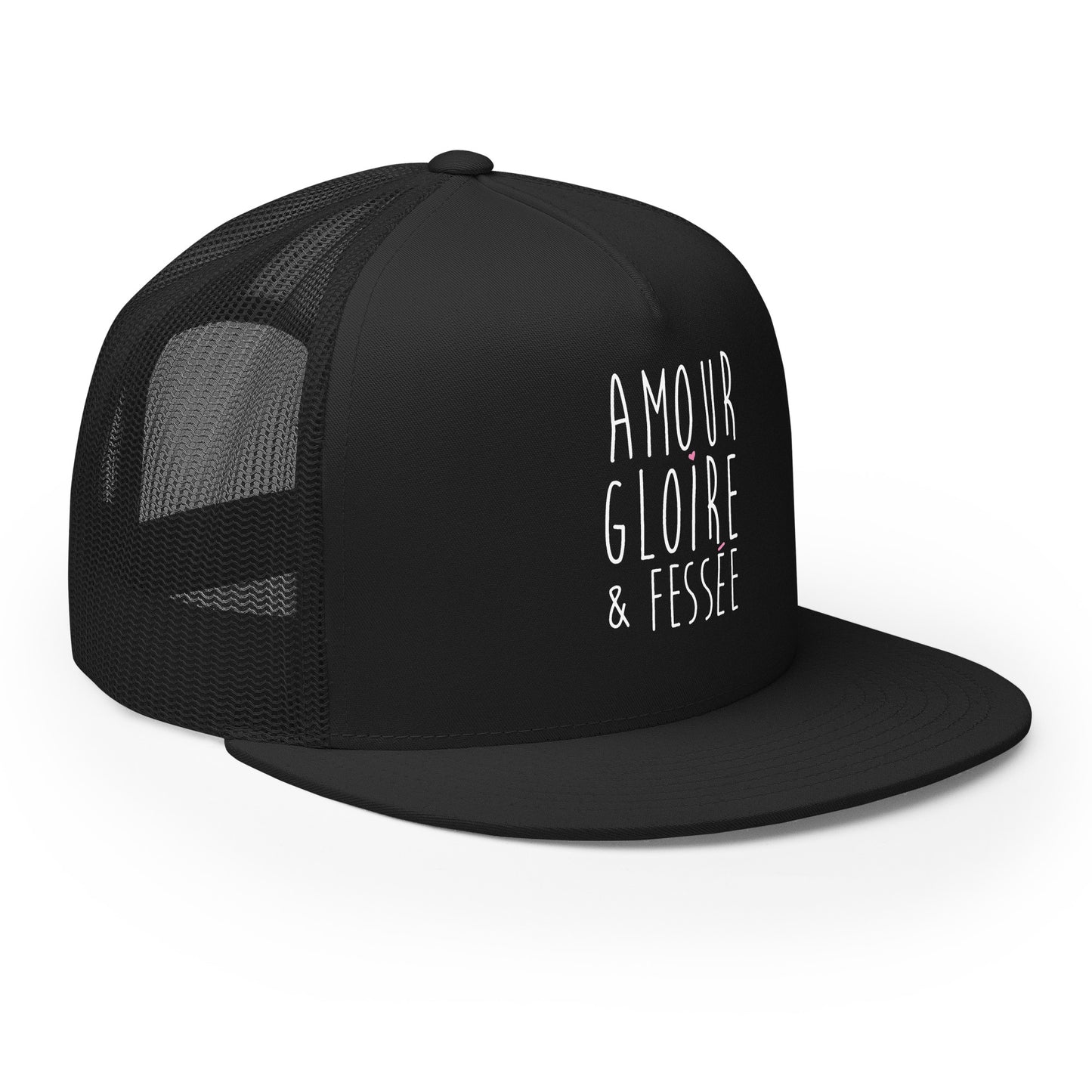 Casquette Trucker, brodée « Amour, Gloire & Fessée », en Noir, vue de trois quarts, image 13