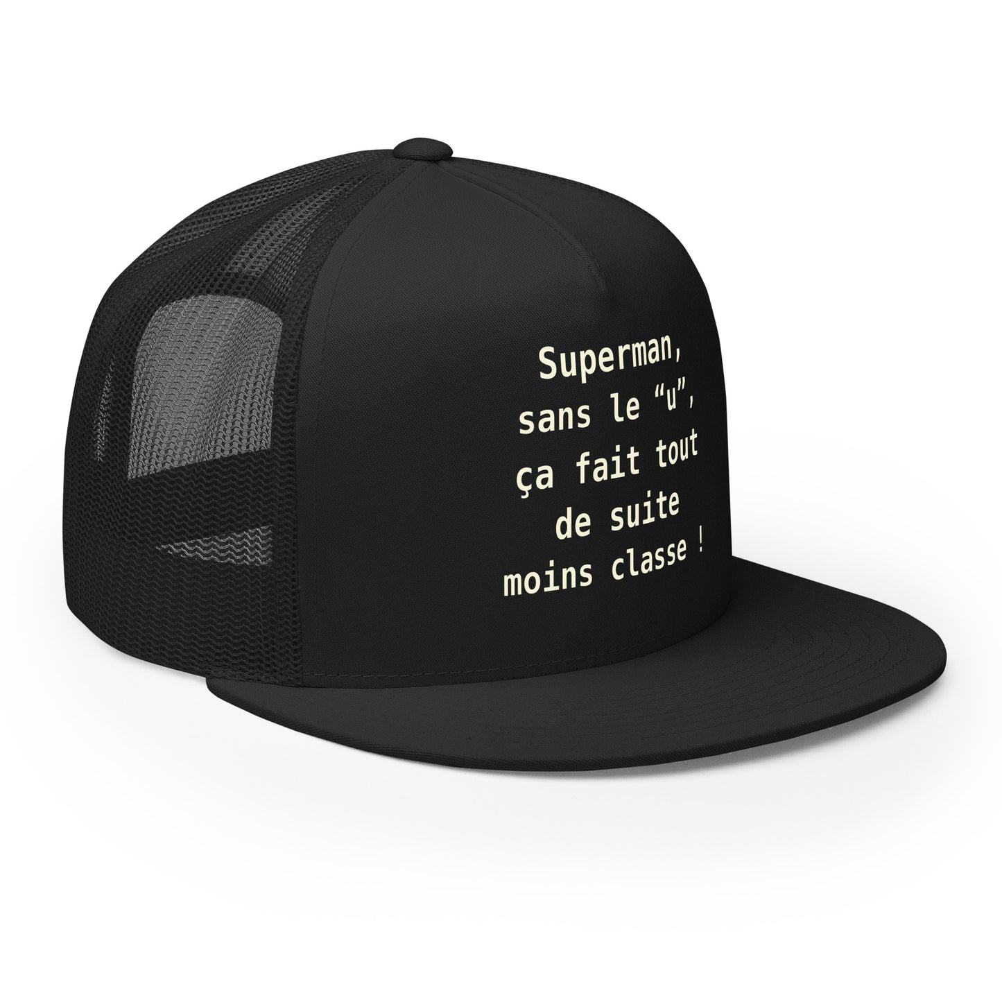 Casquette Trucker, brodée « , ça fait tout de suite moins classe ! », en Noir, vue de trois quarts, image 12