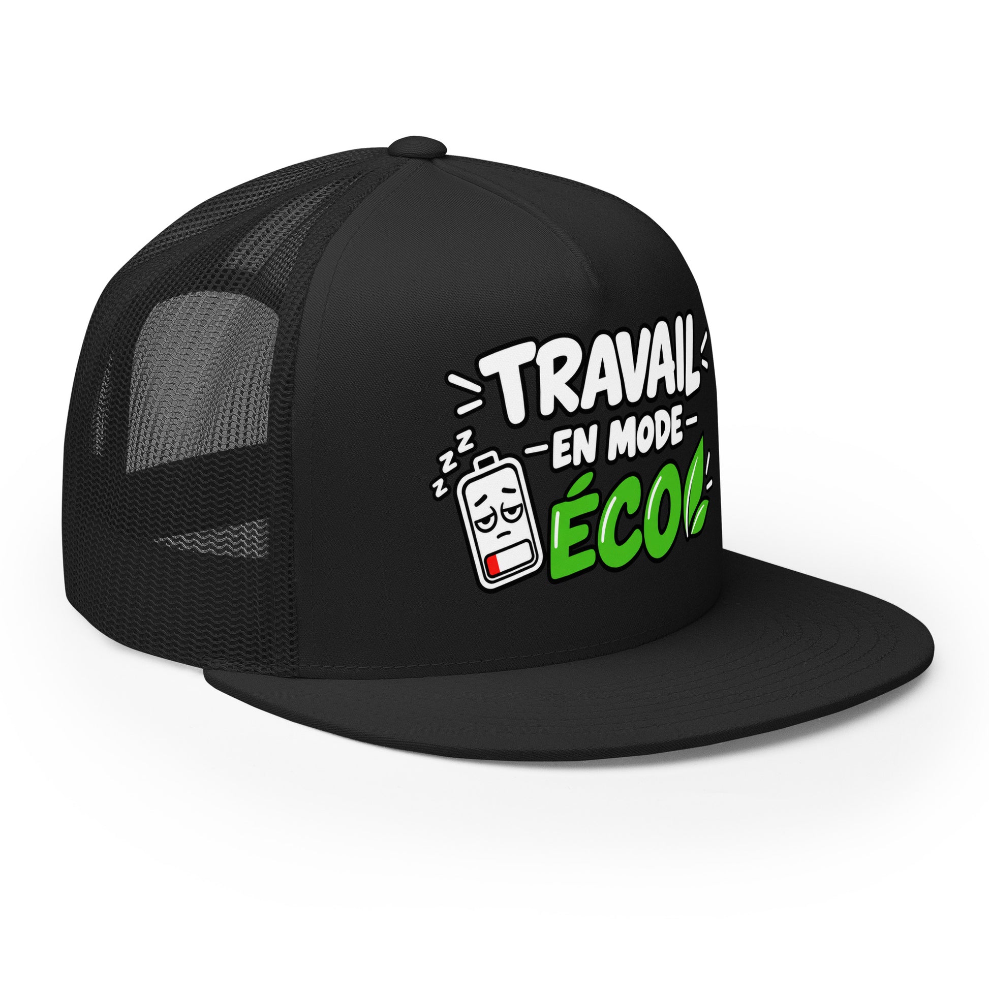 Casquette Trucker, brodée « travail en mode éco », en Noir, vue de trois quarts, image 21