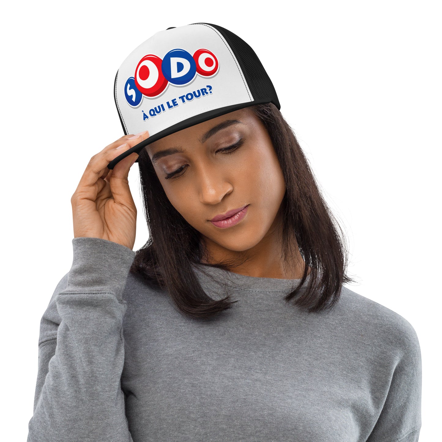 Casquette Trucker, brodée « Sodo, à qui le tour ? », vue de face, image 4