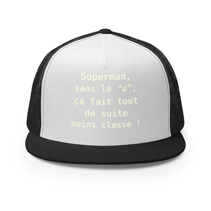 Casquette Trucker, brodée « , ça fait tout de suite moins classe ! », en Noir, vue de face, image 25