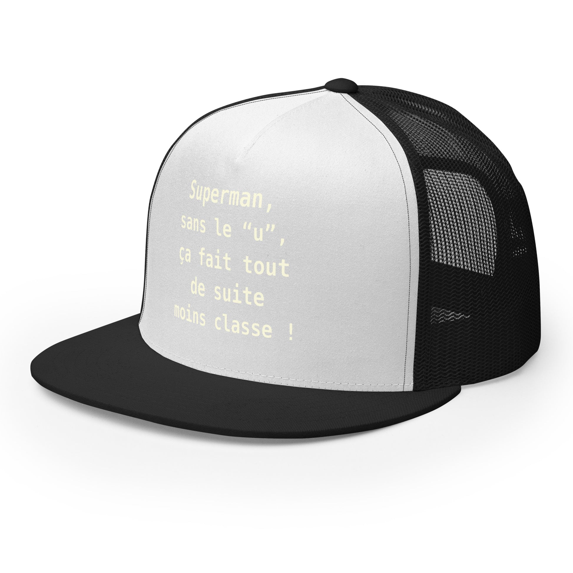 Casquette Trucker, brodée « , ça fait tout de suite moins classe ! », en Noir, vue de trois quarts, image 28