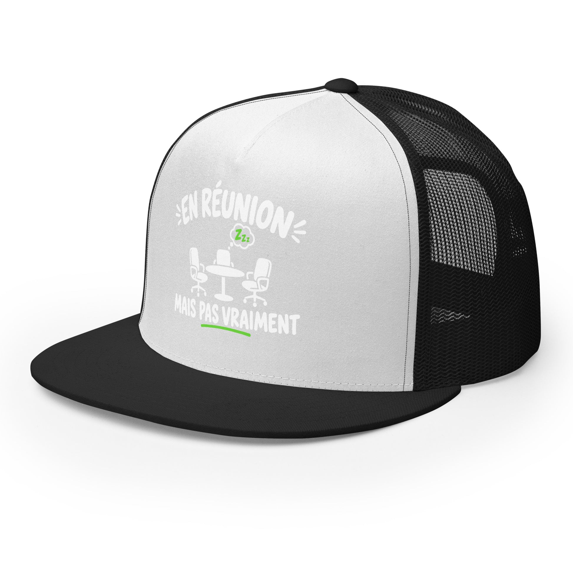Casquette Trucker, brodée « En réunion mais pas vraiment », en Noir, vue de trois quarts, image 33