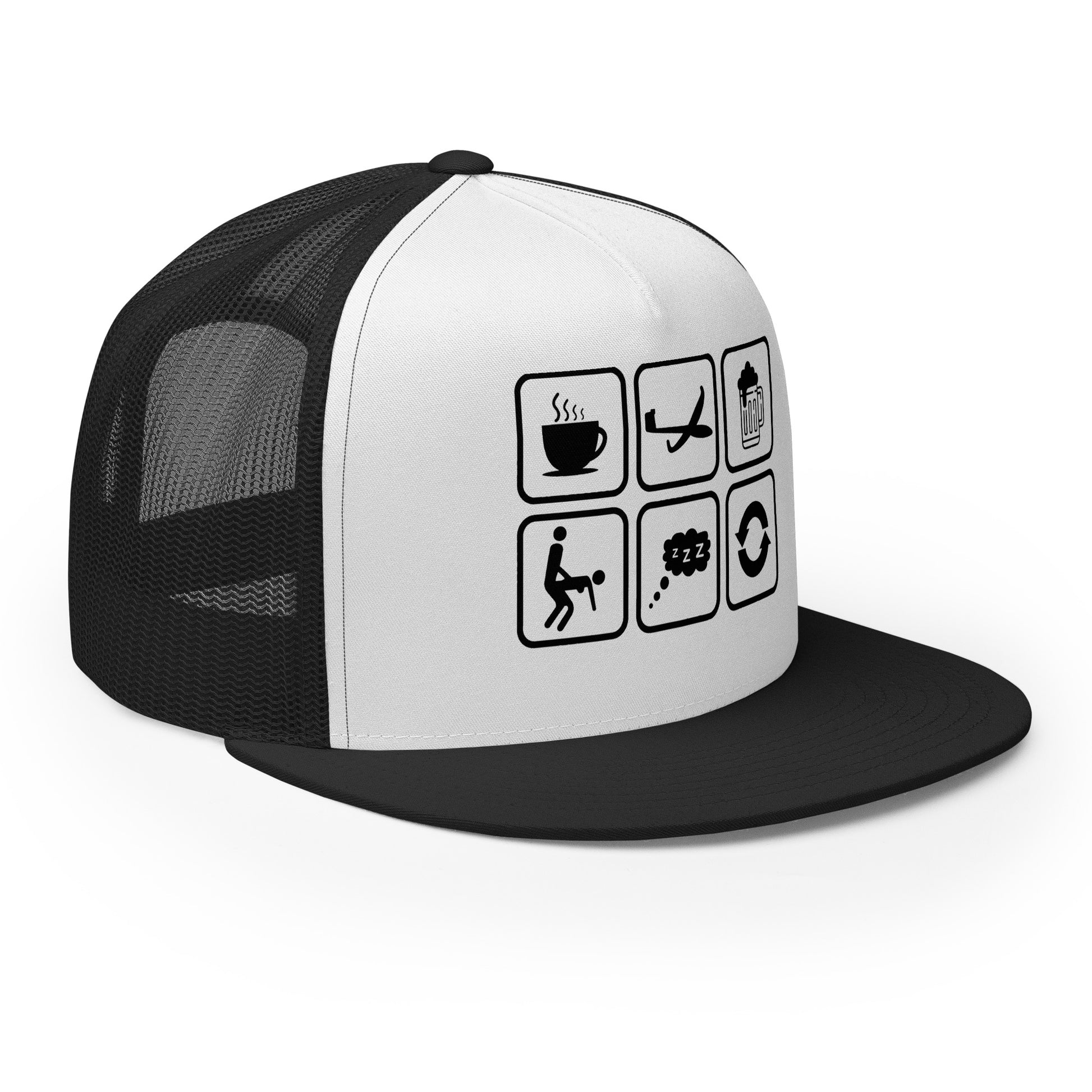 Casquette Trucker, brodée « Café, Voyage, Alcool, Sexe, Dormir et recommencer », vue de trois quarts, image 6