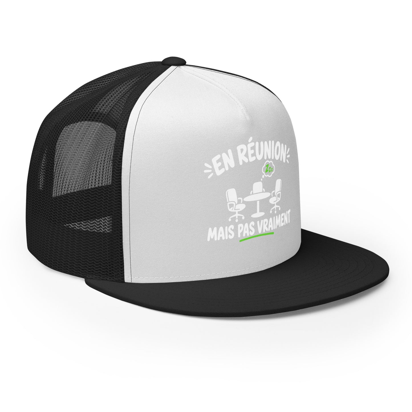Casquette Trucker, brodée « En réunion mais pas vraiment », en Noir, vue de trois quarts, image 35