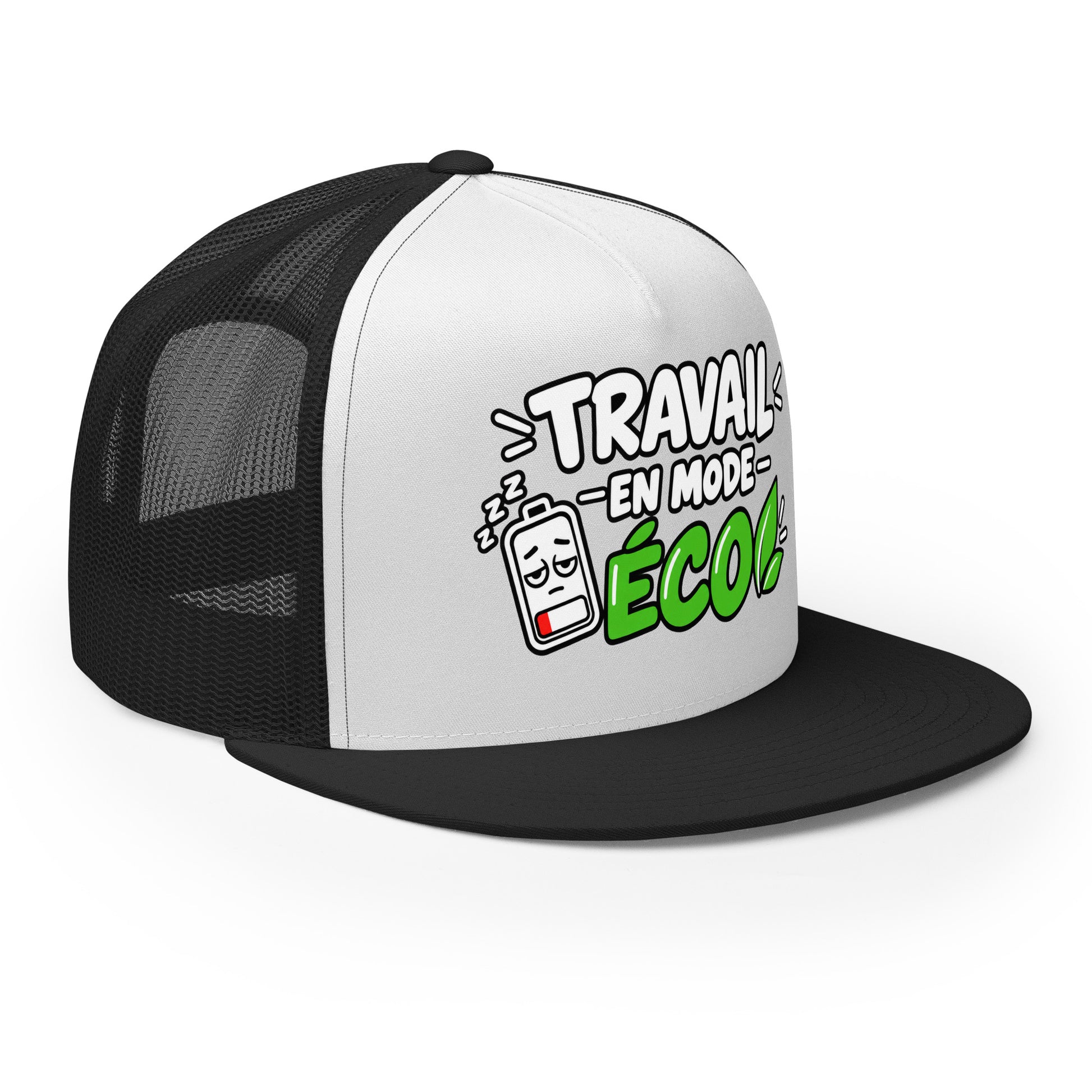 Casquette Trucker, brodée « travail en mode éco », en Noir, vue de trois quarts, image 35