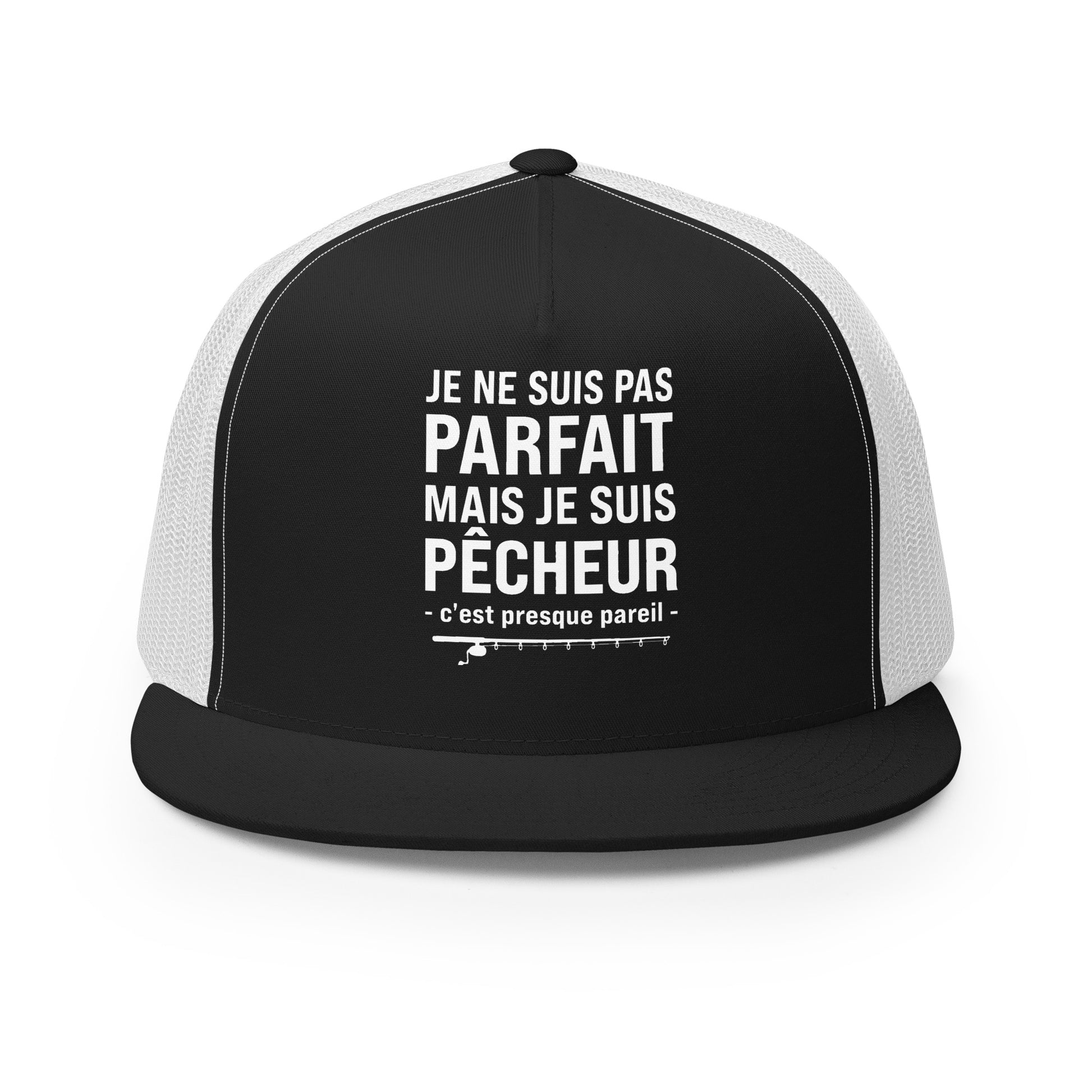Casquette Trucker, brodée « Je ne suis pas parfait mais je suis pêcheur, c'est presque pareil », en Noir, vue de face, image 2
