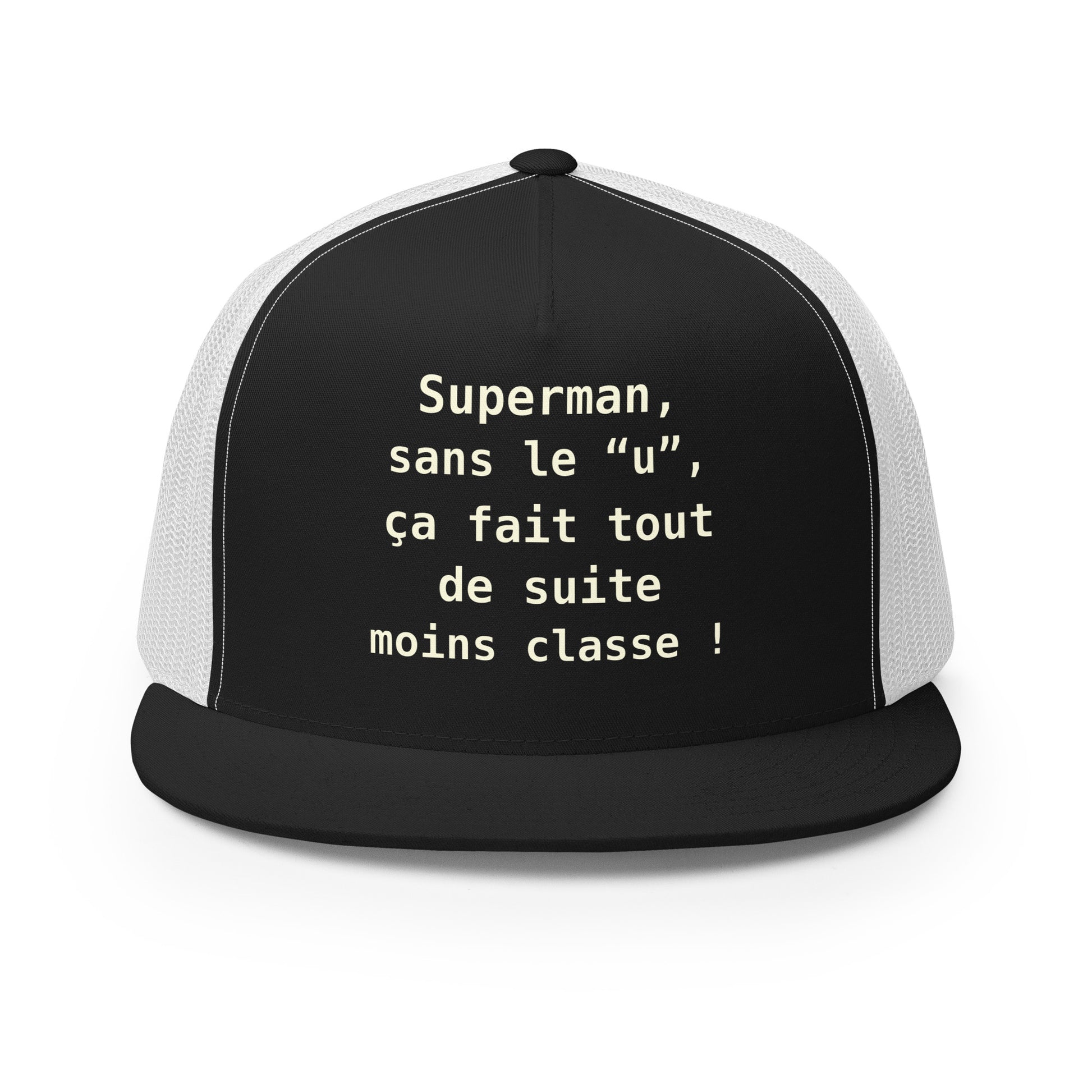 Casquette Trucker, brodée « , ça fait tout de suite moins classe ! », en Noir, vue de face, image 2