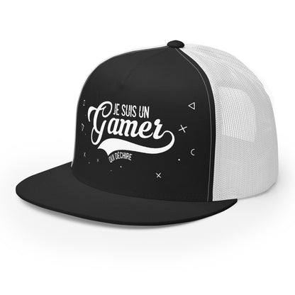 Casquette Trucker, brodée « Je suis un gamer qui déchire », en Noir, vue de trois quarts, image 5