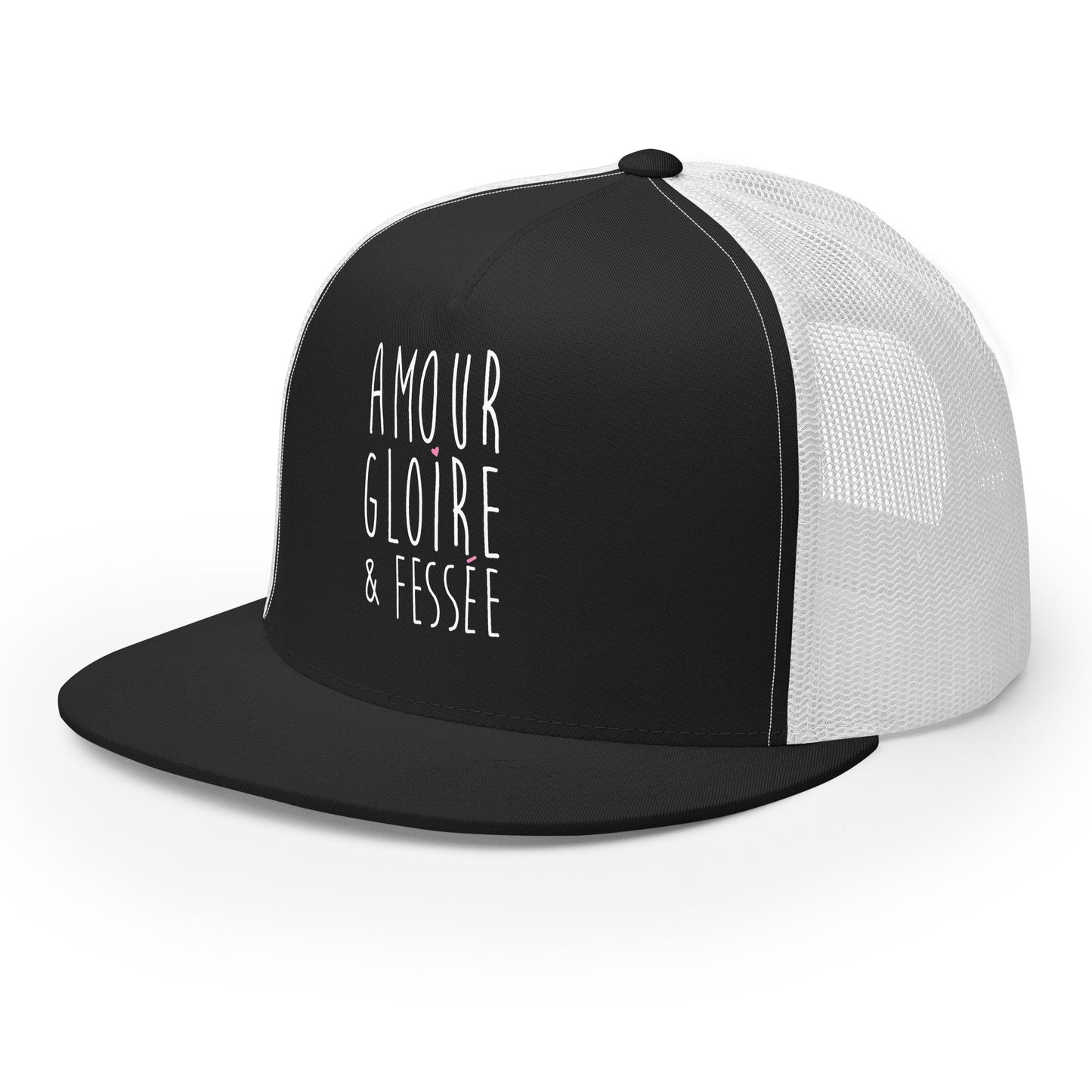 Casquette Trucker, brodée « Amour, Gloire & Fessée », en Noir, vue de trois quarts, image 5