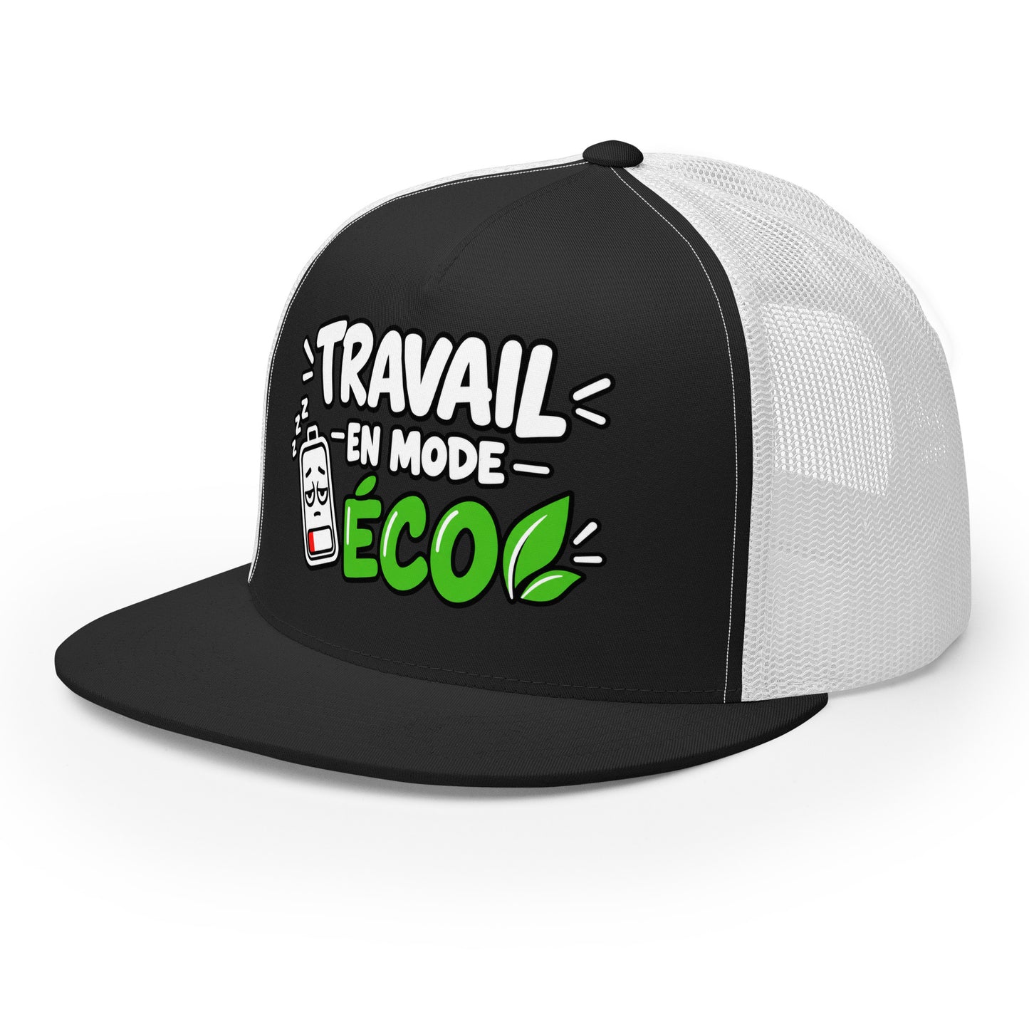 Casquette Trucker, brodée « travail en mode éco », en Noir, vue de trois quarts, image 13