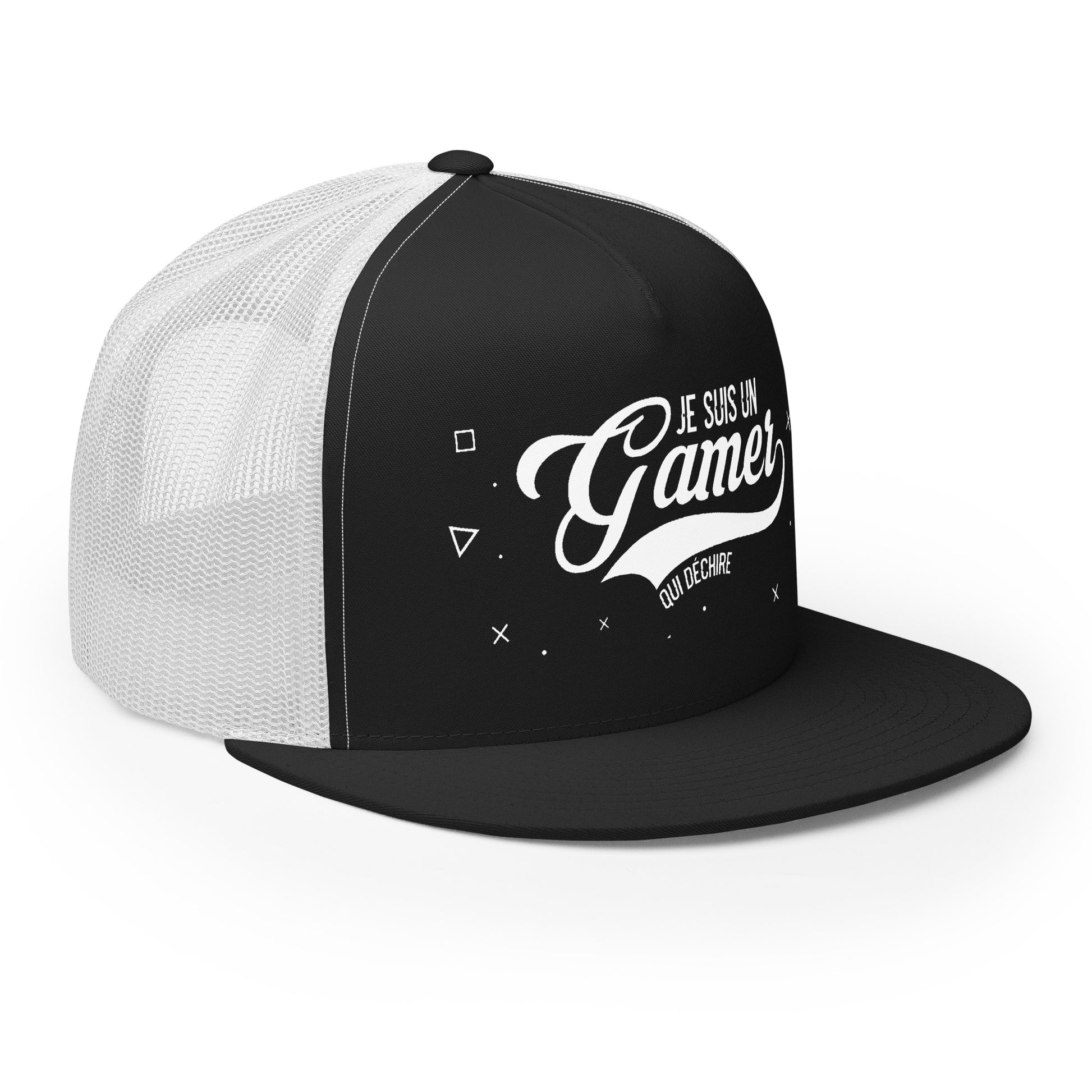 Casquette Trucker, brodée « Je suis un gamer qui déchire », en Noir, vue de trois quarts, image 7