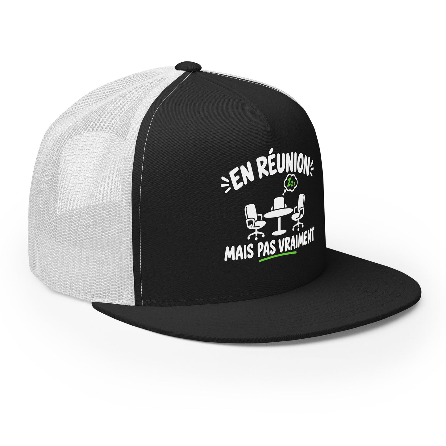 Casquette Trucker, brodée « En réunion mais pas vraiment », en Noir, vue de trois quarts, image 15