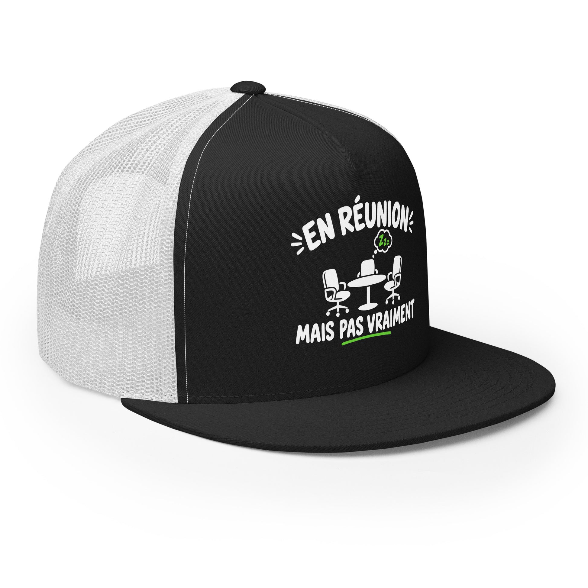 Casquette Trucker, brodée « En réunion mais pas vraiment », en Noir, vue de trois quarts, image 15