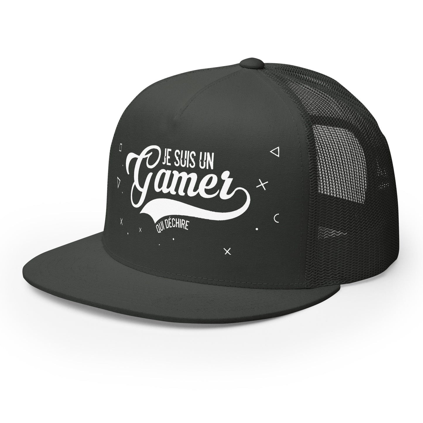 Casquette Trucker, brodée « Je suis un gamer qui déchire », vue de trois quarts