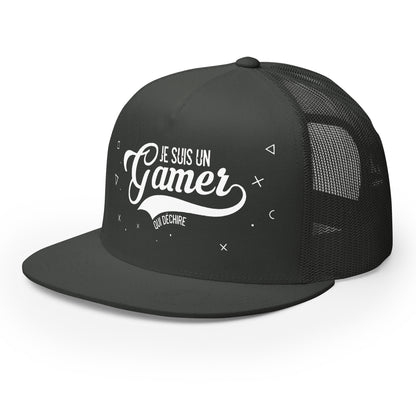 Casquette Trucker, brodée « Je suis un gamer qui déchire », vue de trois quarts