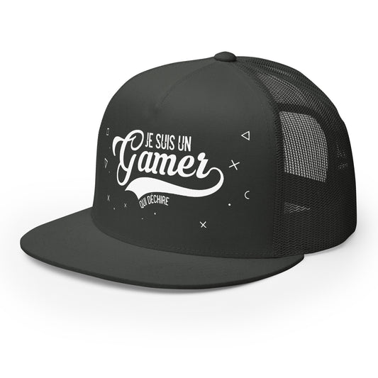 Casquette Trucker, brodée « Je suis un gamer qui déchire », vue de trois quarts