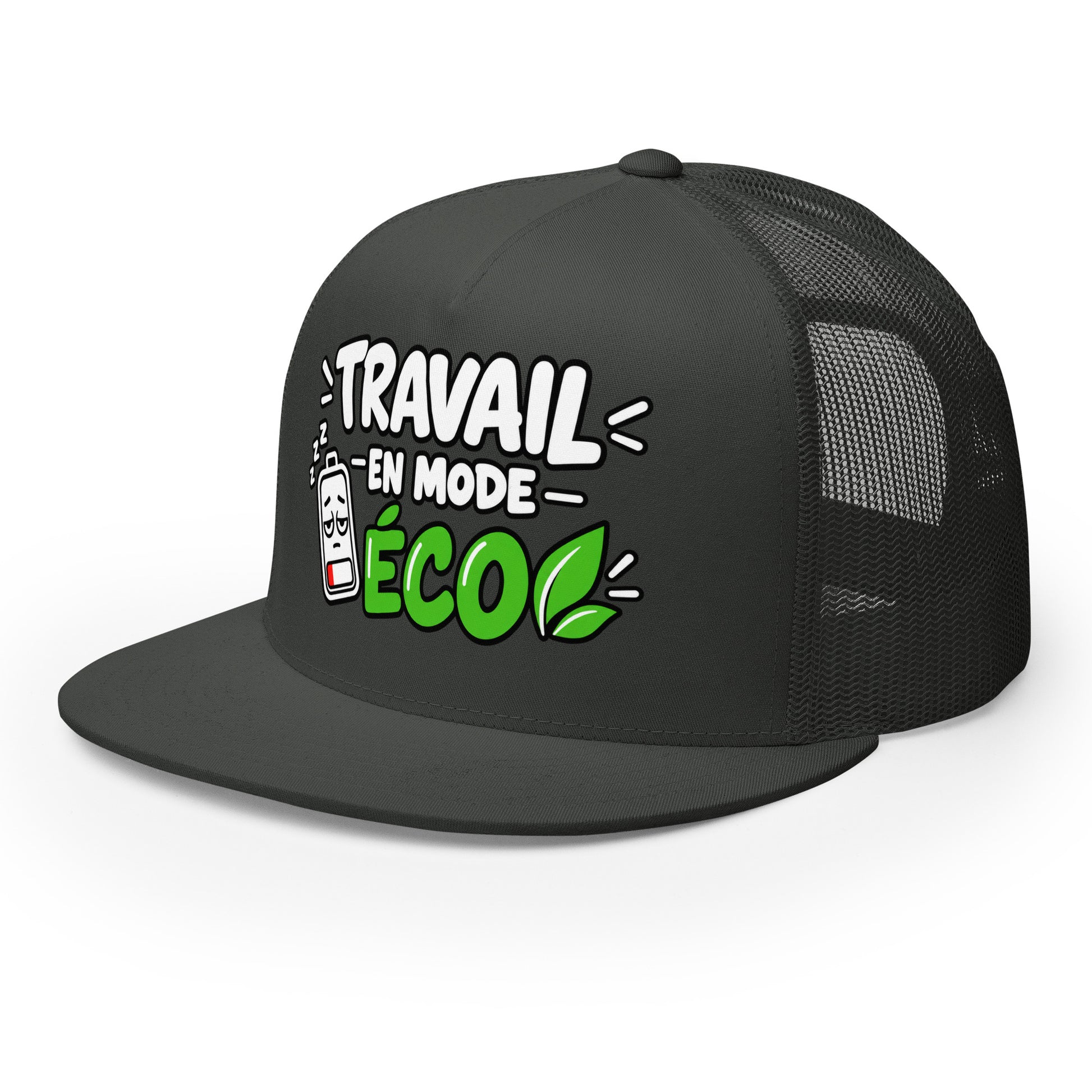 Casquette Trucker, brodée « travail en mode éco », vue de trois quarts