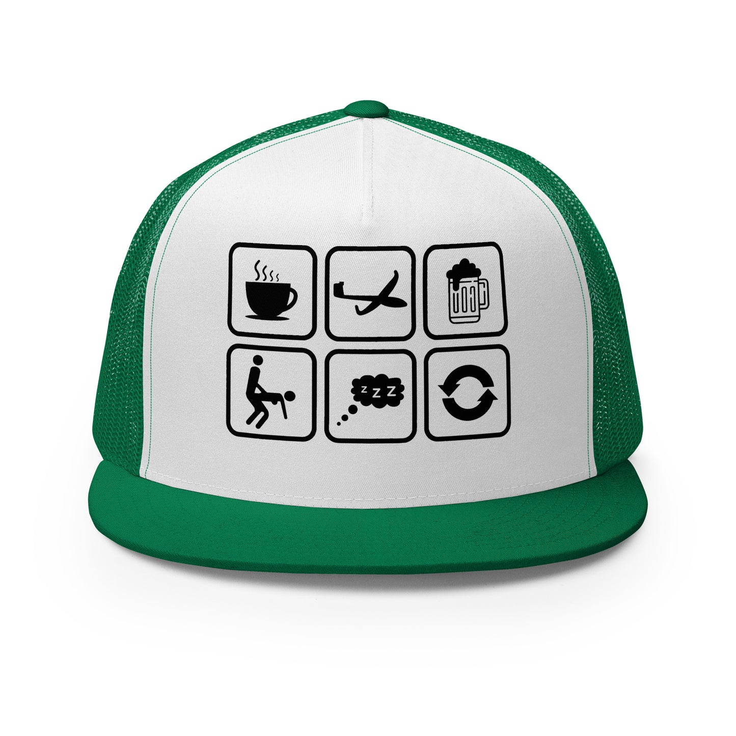 Casquette Trucker, brodée « Café, Voyage, Alcool, Sexe, Dormir et recommencer », vue de face, image 25