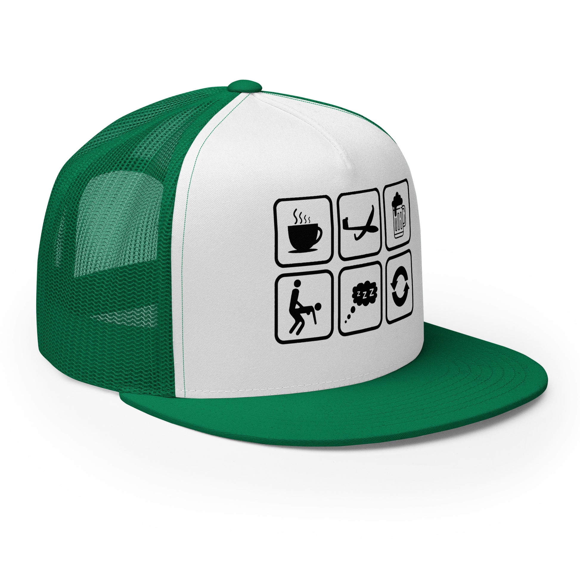 Casquette Trucker, brodée « Café, Voyage, Alcool, Sexe, Dormir et recommencer », vue de trois quarts, image 30