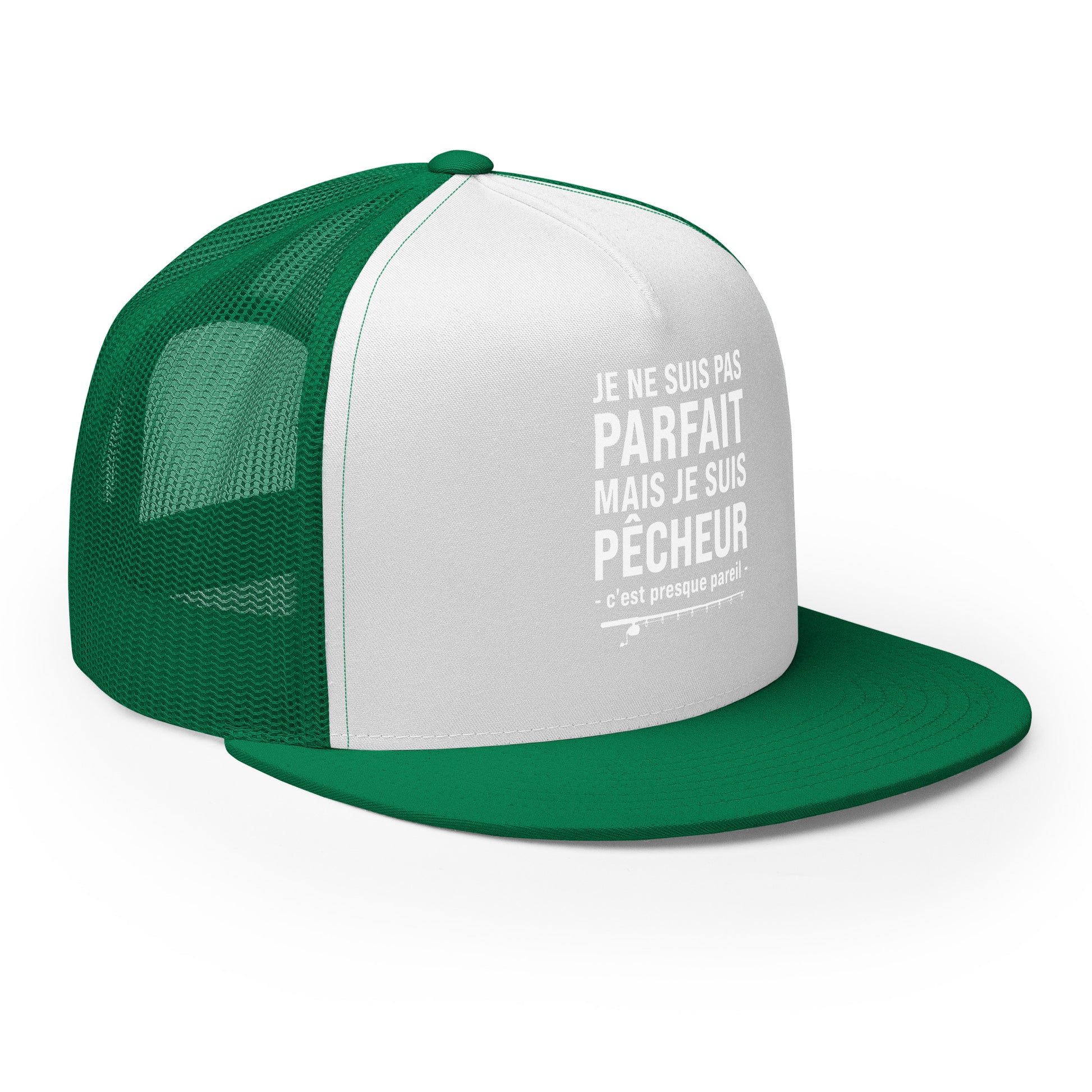 Casquette Trucker, brodée « Je ne suis pas parfait mais je suis pêcheur, c'est presque pareil », vue de trois quarts, image 54