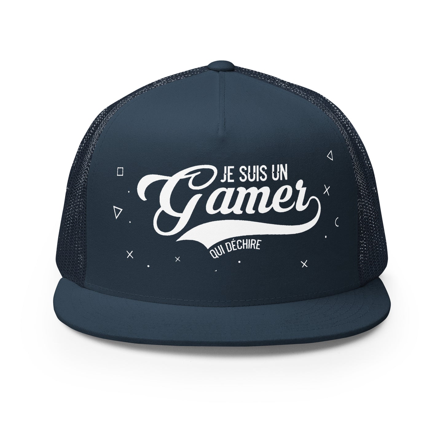 Casquette Trucker, brodée « Je suis un gamer qui déchire », en Bleu Marine, vue de face, image 14