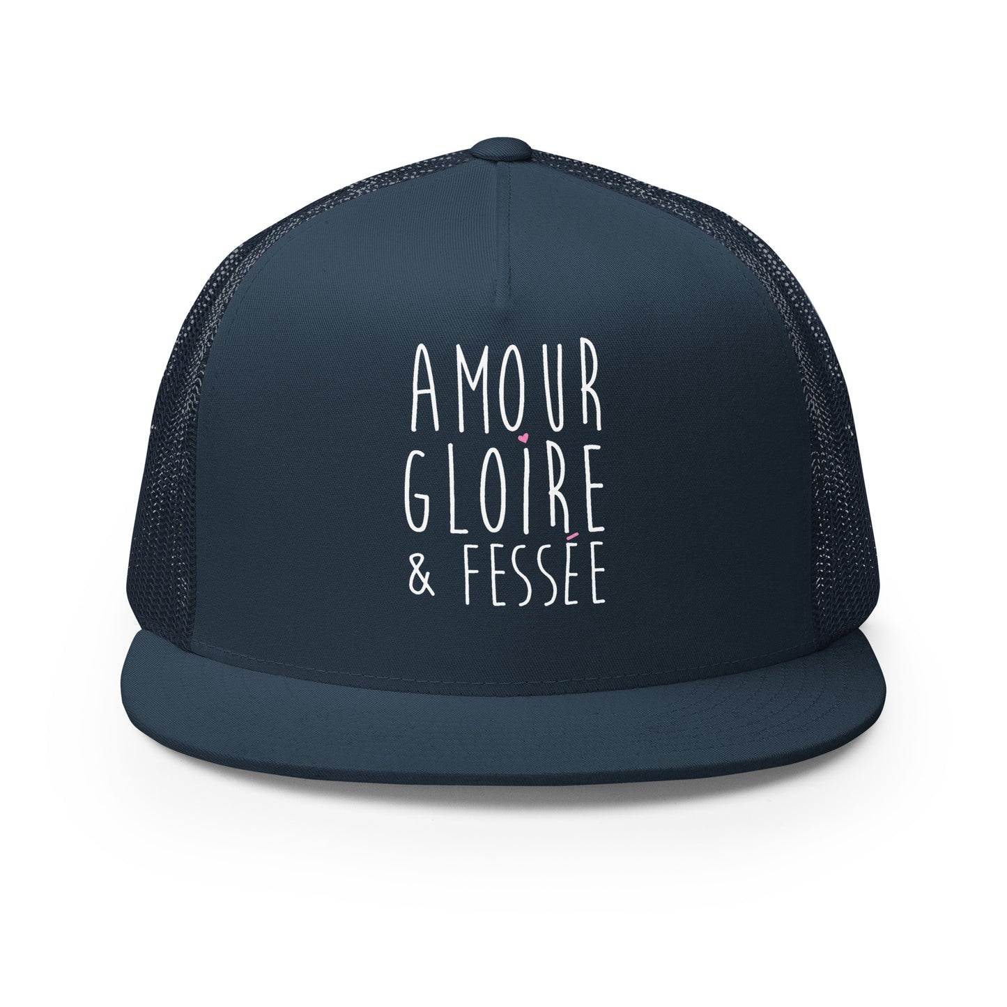 Casquette Trucker, brodée « Amour, Gloire & Fessée », en Bleu Marine, vue de face, image 14