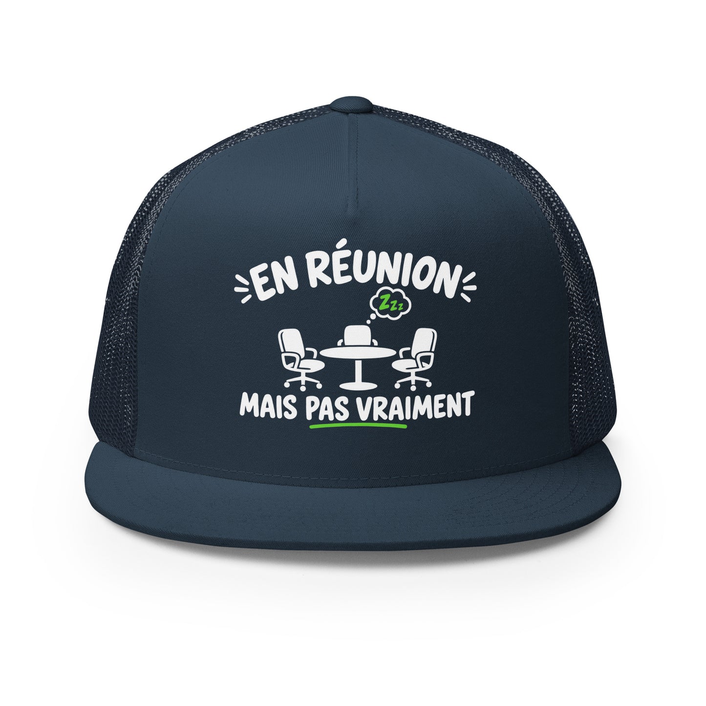 Casquette Trucker, brodée « En réunion mais pas vraiment », en Bleu Marine, vue de face, image 3