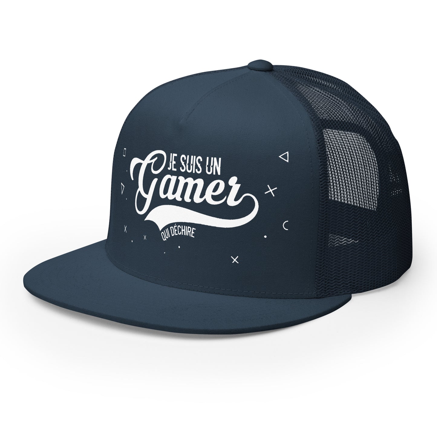 Casquette Trucker, brodée « Je suis un gamer qui déchire », en Bleu Marine, vue de trois quarts, image 17