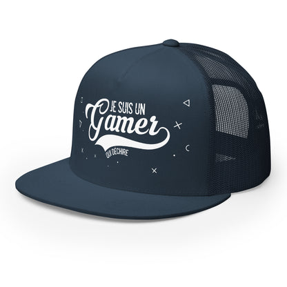 Casquette Trucker, brodée « Je suis un gamer qui déchire », en Bleu Marine, vue de trois quarts, image 17