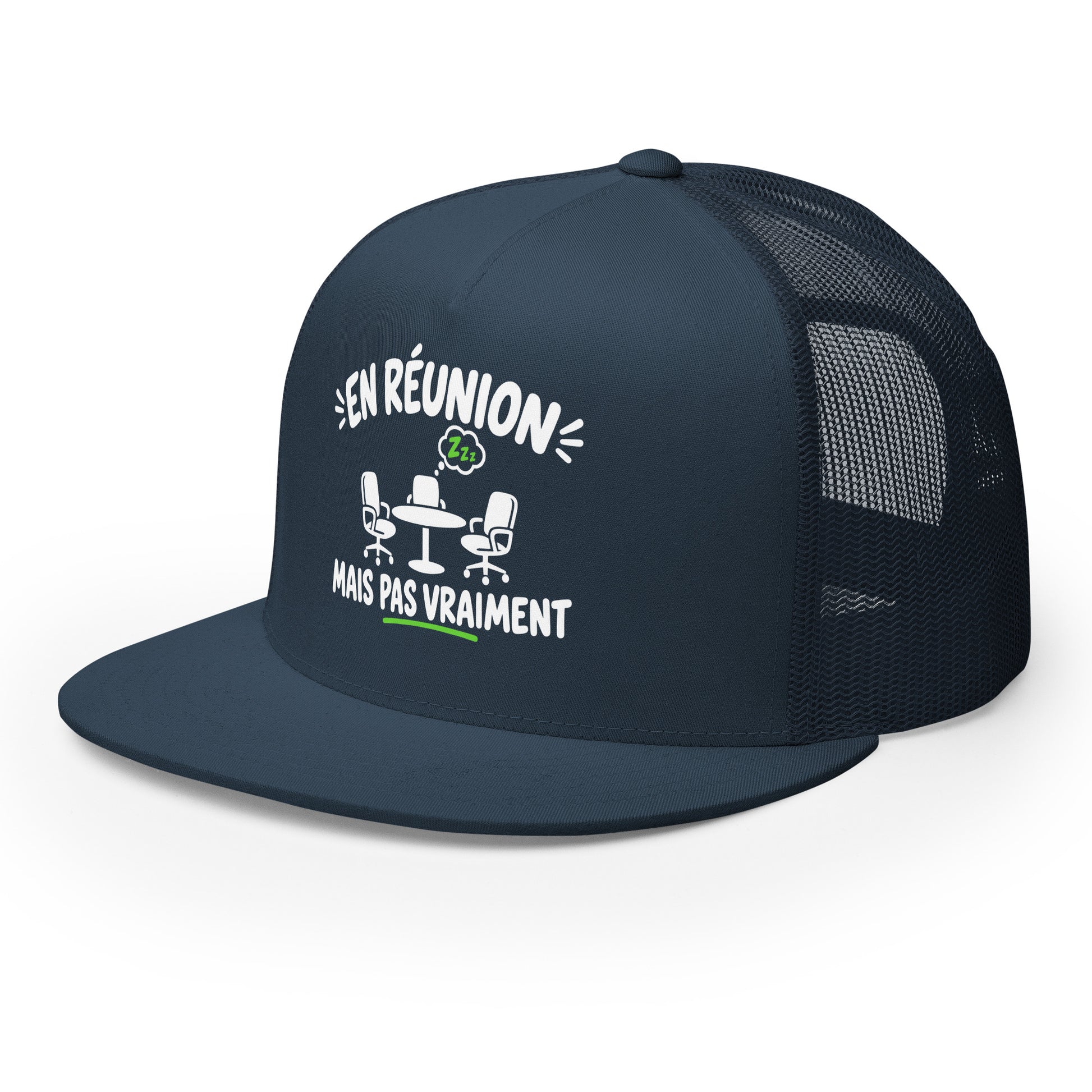 Casquette Trucker, brodée « En réunion mais pas vraiment », en Bleu Marine, vue de trois quarts, image 23