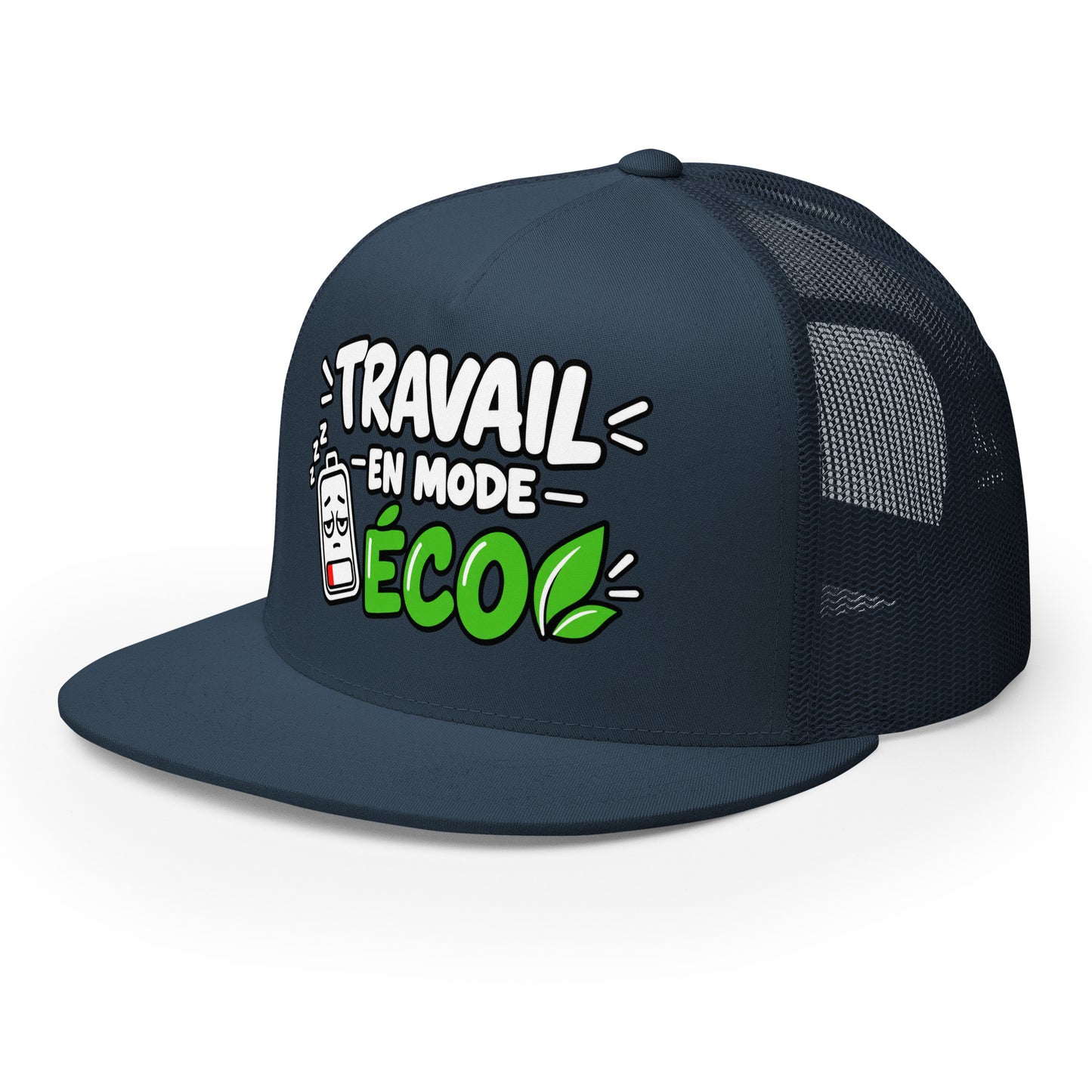 Casquette Trucker, brodée « travail en mode éco », en Bleu Marine, vue de trois quarts, image 24