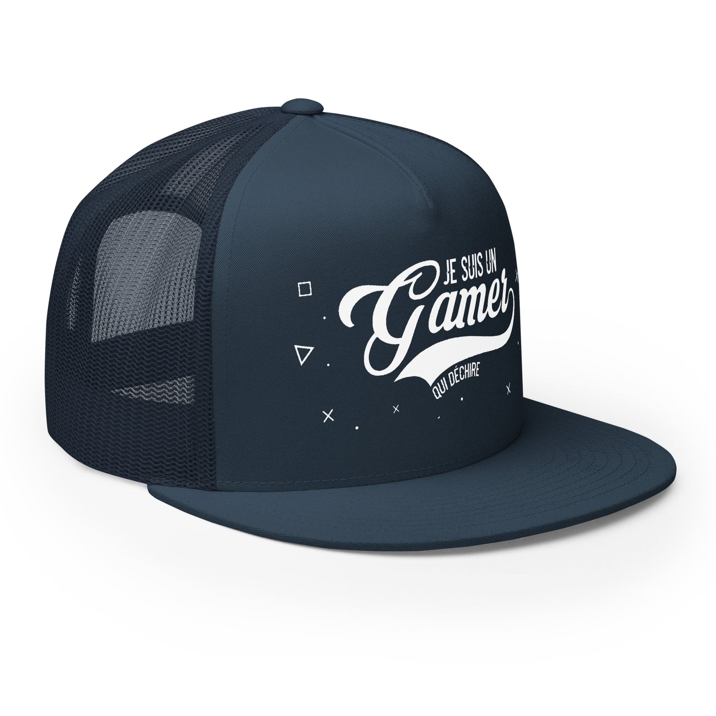 Casquette Trucker, brodée « Je suis un gamer qui déchire », en Bleu Marine, vue de trois quarts, image 19