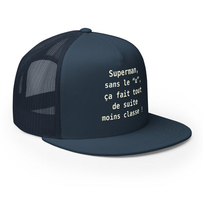 Casquette Trucker, brodée « , ça fait tout de suite moins classe ! », en Bleu Marine, vue de trois quarts, image 18